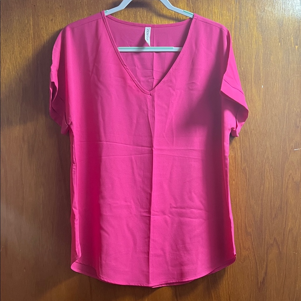 Zenana Outfitters Hot Pink V-Neck Short Sleeve Blouse